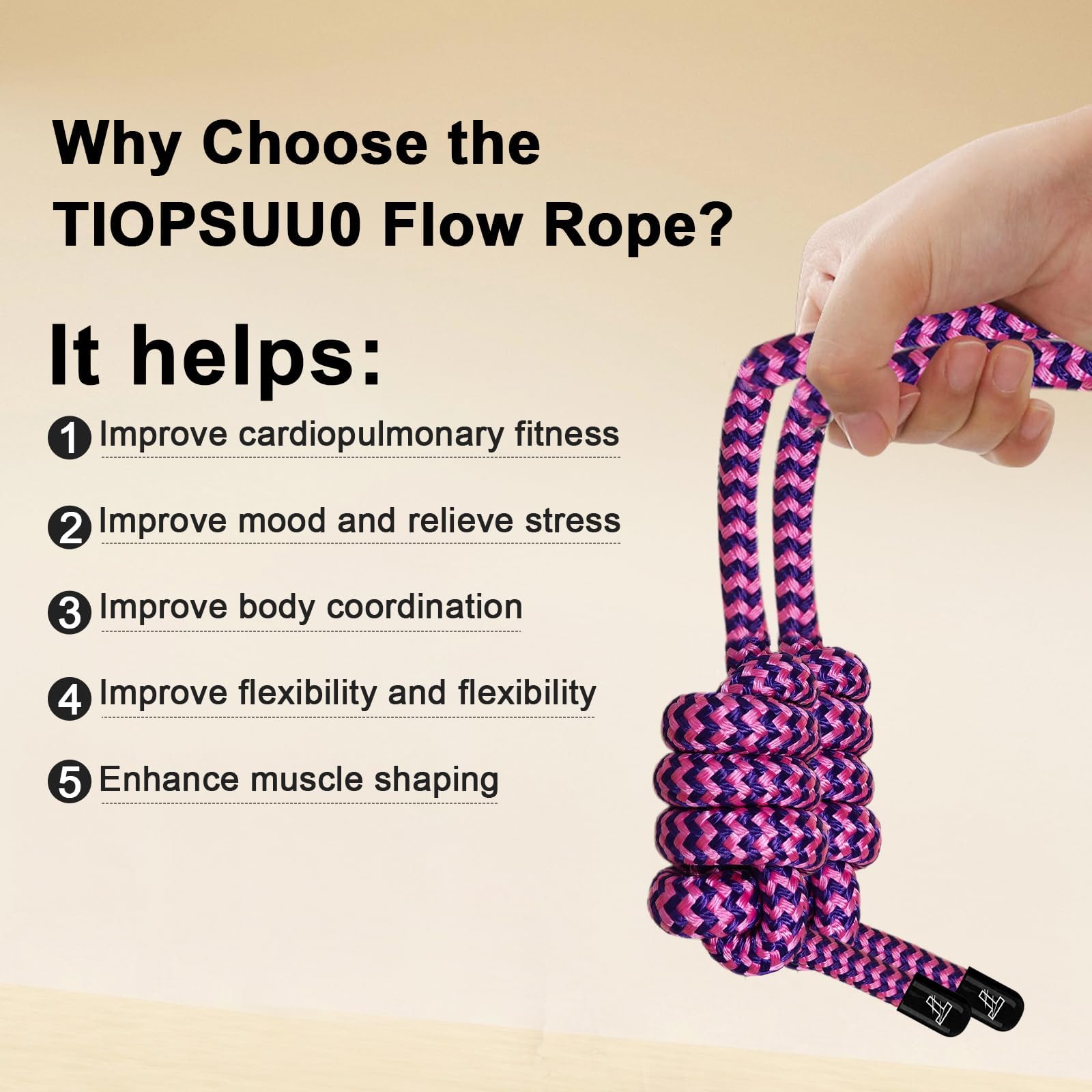 TIOPSUUO rope beside measuring tape showing 9 ft length fit