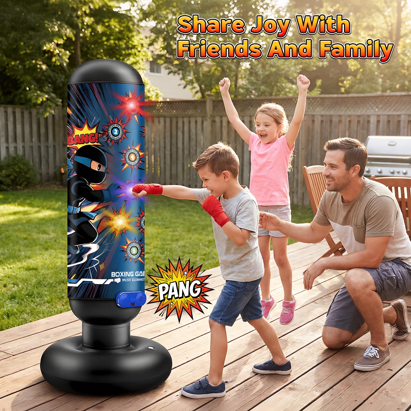 Child striking TiQtoy punching bag in use promoting exercise and fun