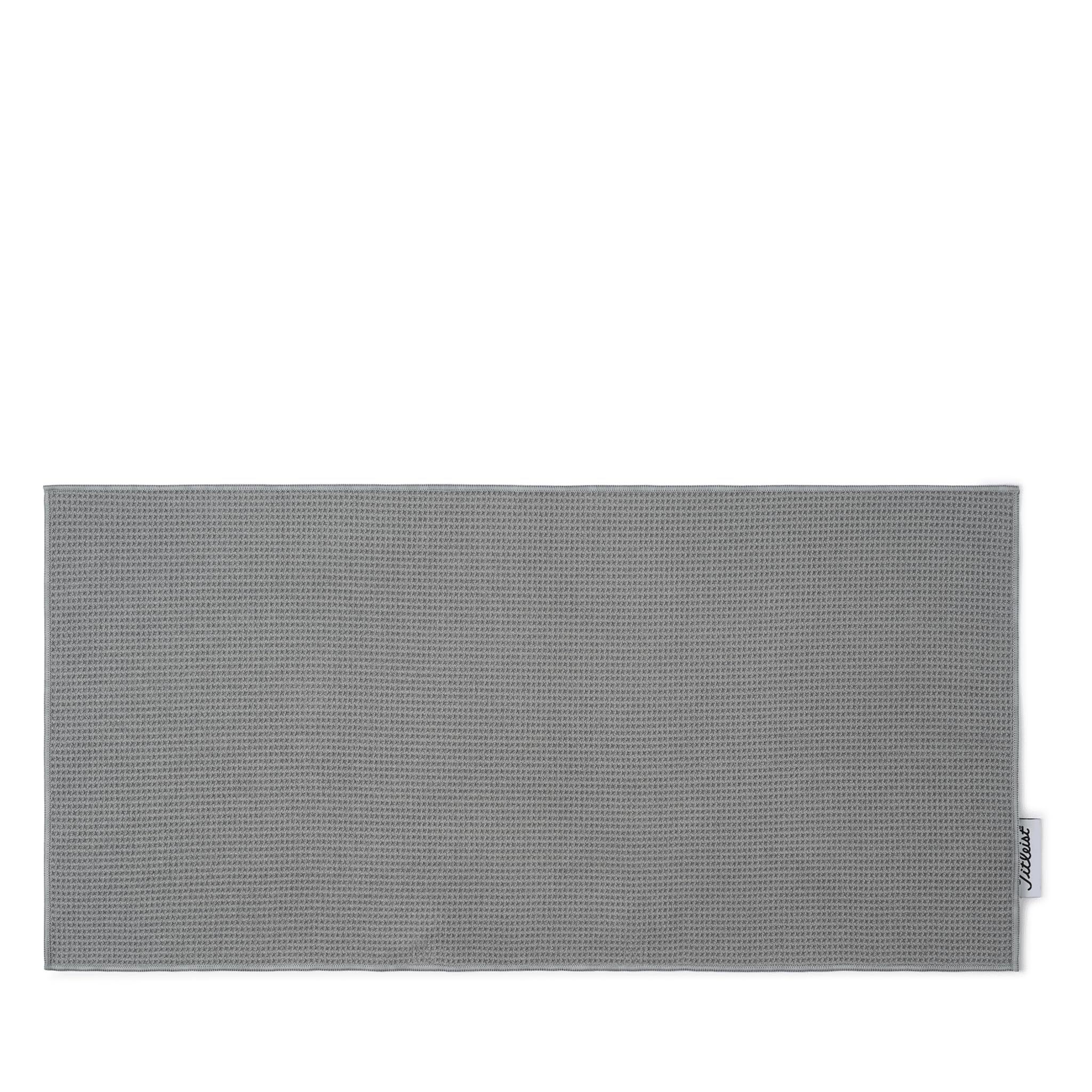Titleist players towel front view showing gray color and woven logo, professional finish benefit