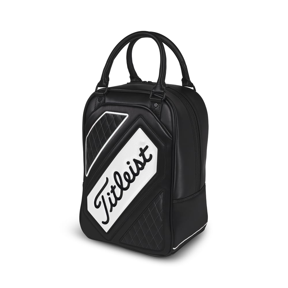 Titleist shag bag beside a golf bucket to show compact size and capacity
