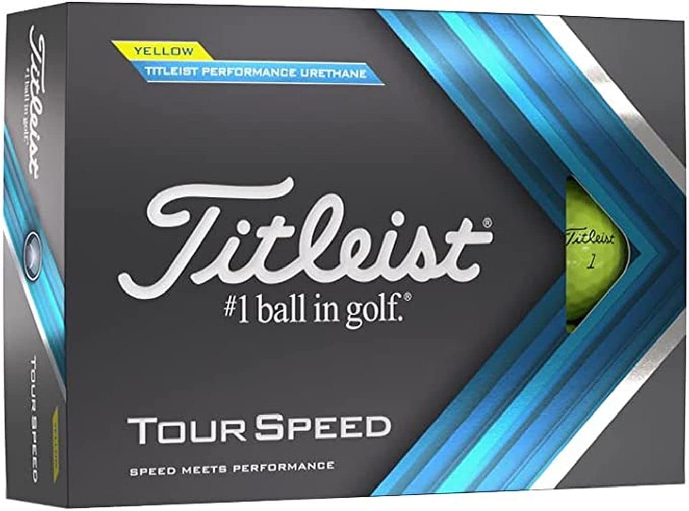 Titleist Tour Speed mint yellow 12-pack front view showing brand and bright visibility