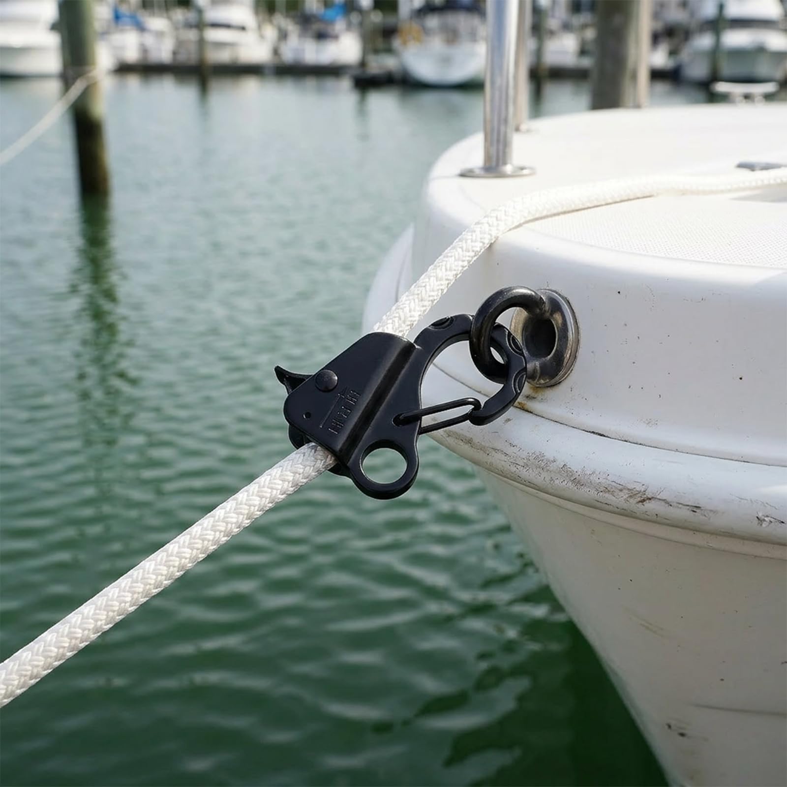 Tlence anchor hook in use on pontoon docking showing stable, hands-free line control