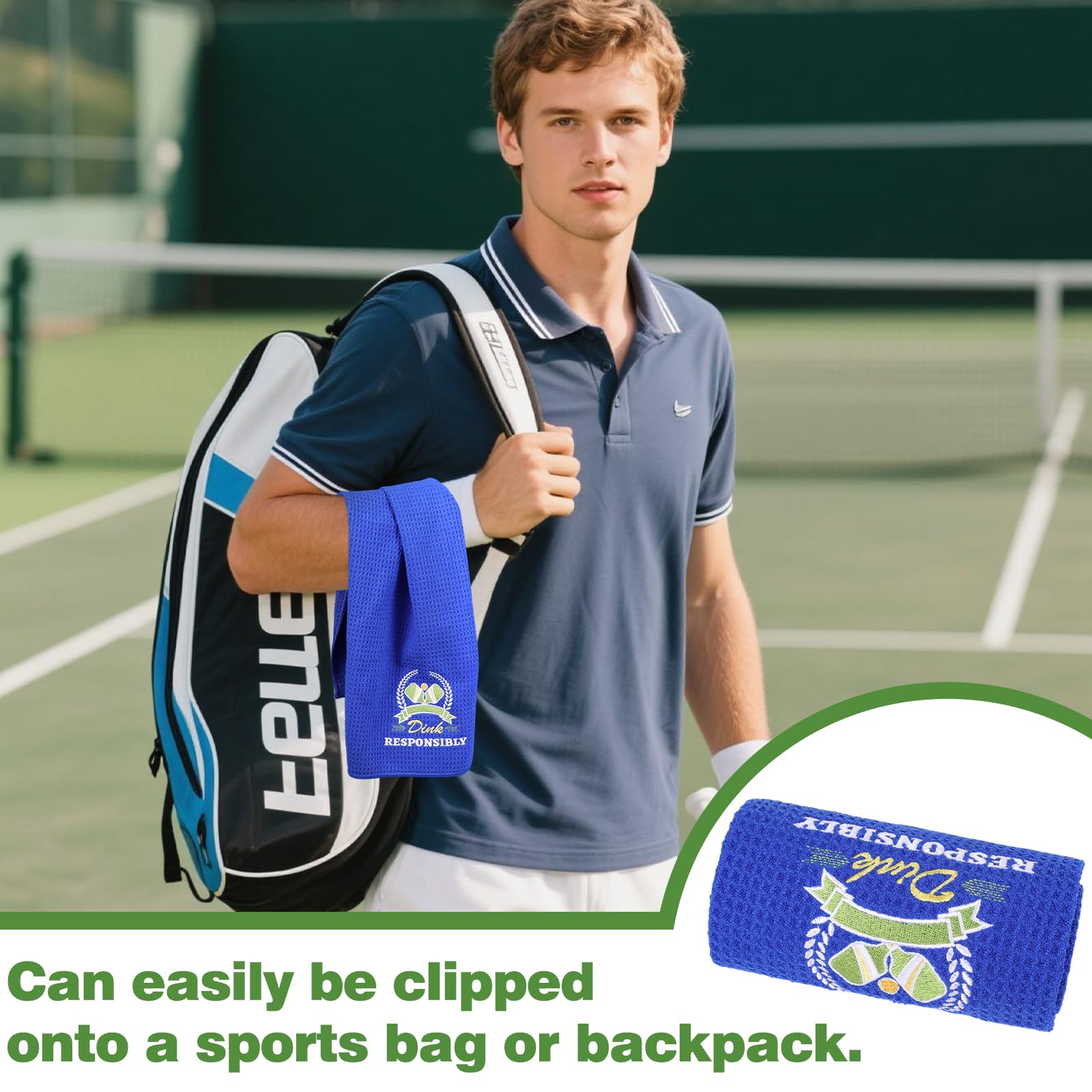 TLY towel clipped to a court bag during a match for on-court convenience