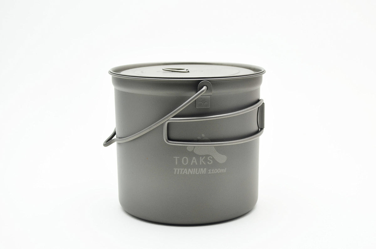 TOAKS titanium 1100ml pot front view showing shape and capacity for lightweight cooking