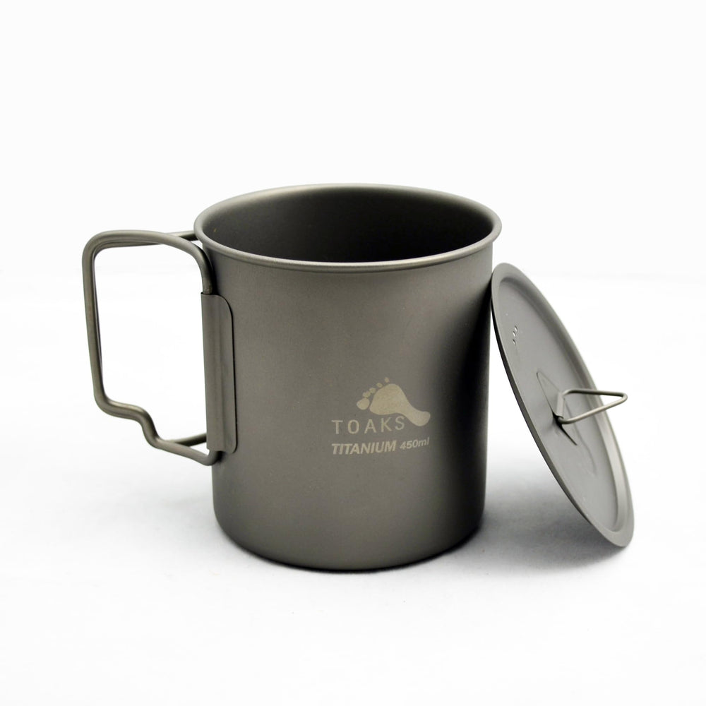 TOAKS titanium cup front view with lid showing durable design and packable benefit