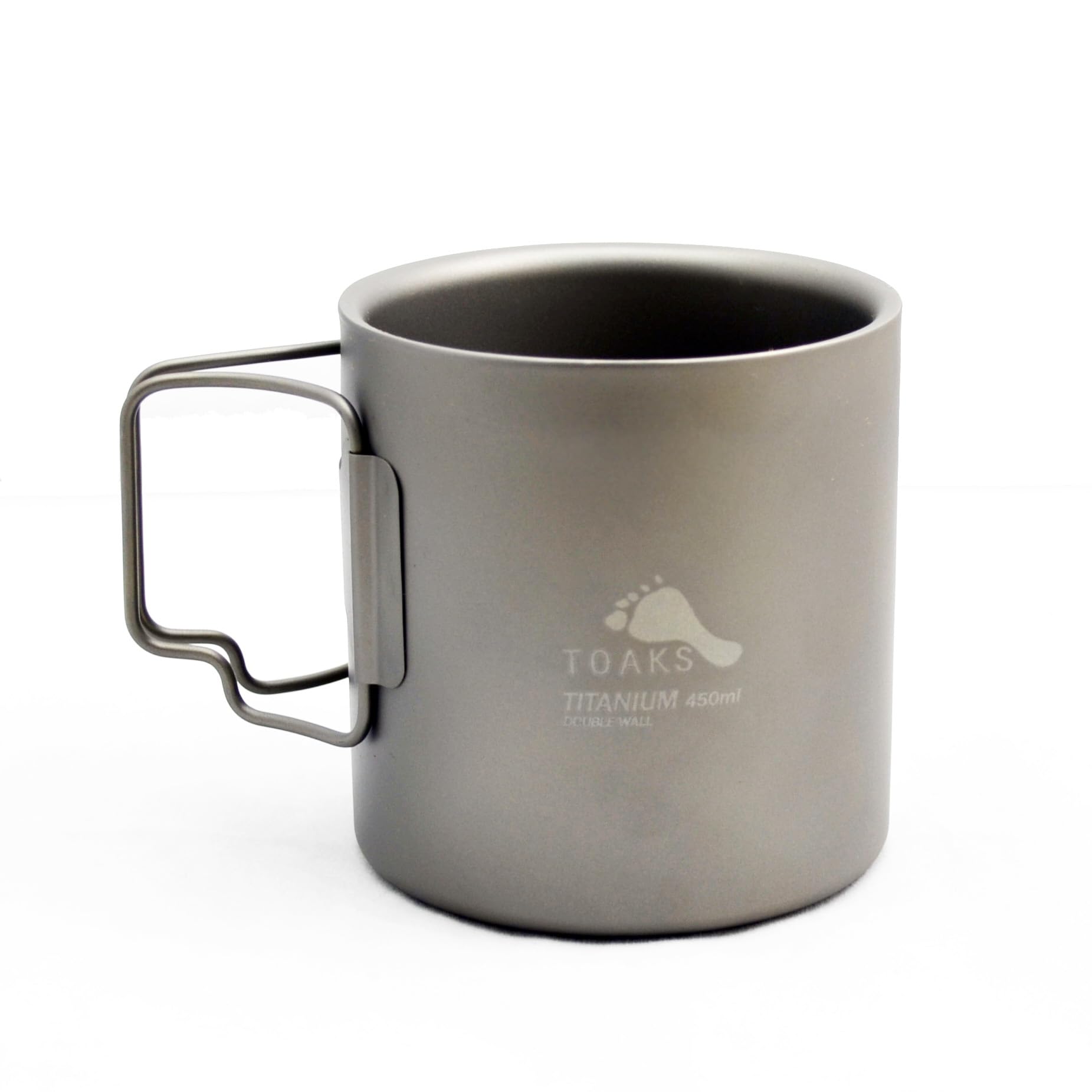 TOAKS front view of titanium 450ml cup showing compact profile and portability