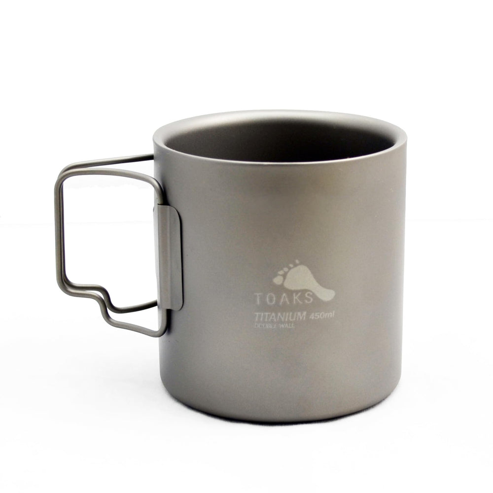 TOAKS front view of titanium 450ml cup showing compact profile and portability