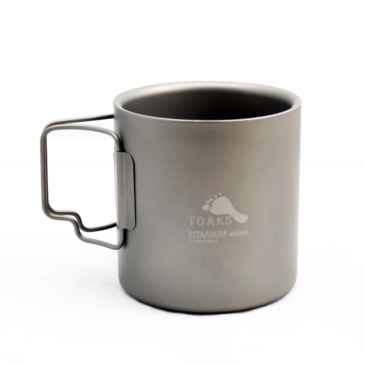 TOAKS front view of titanium 450ml cup showing compact profile and portability