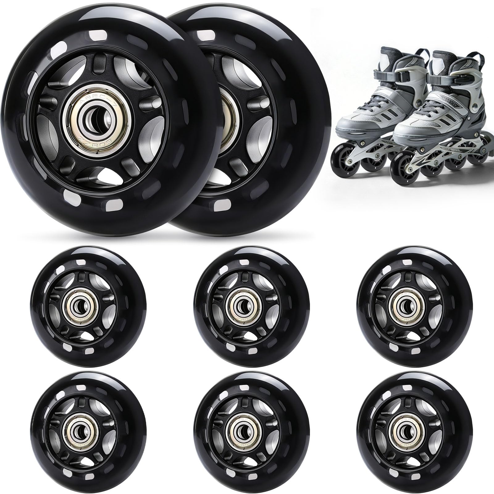 TOBWOLF front view of eight black replacement wheels showing complete pack and benefit of full set