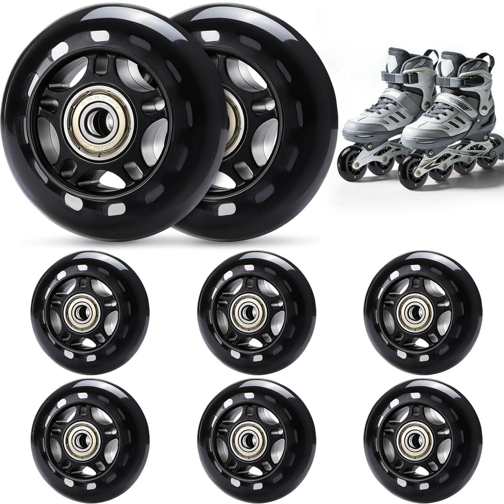 TOBWOLF front view of eight black replacement wheels showing complete pack and benefit of full set