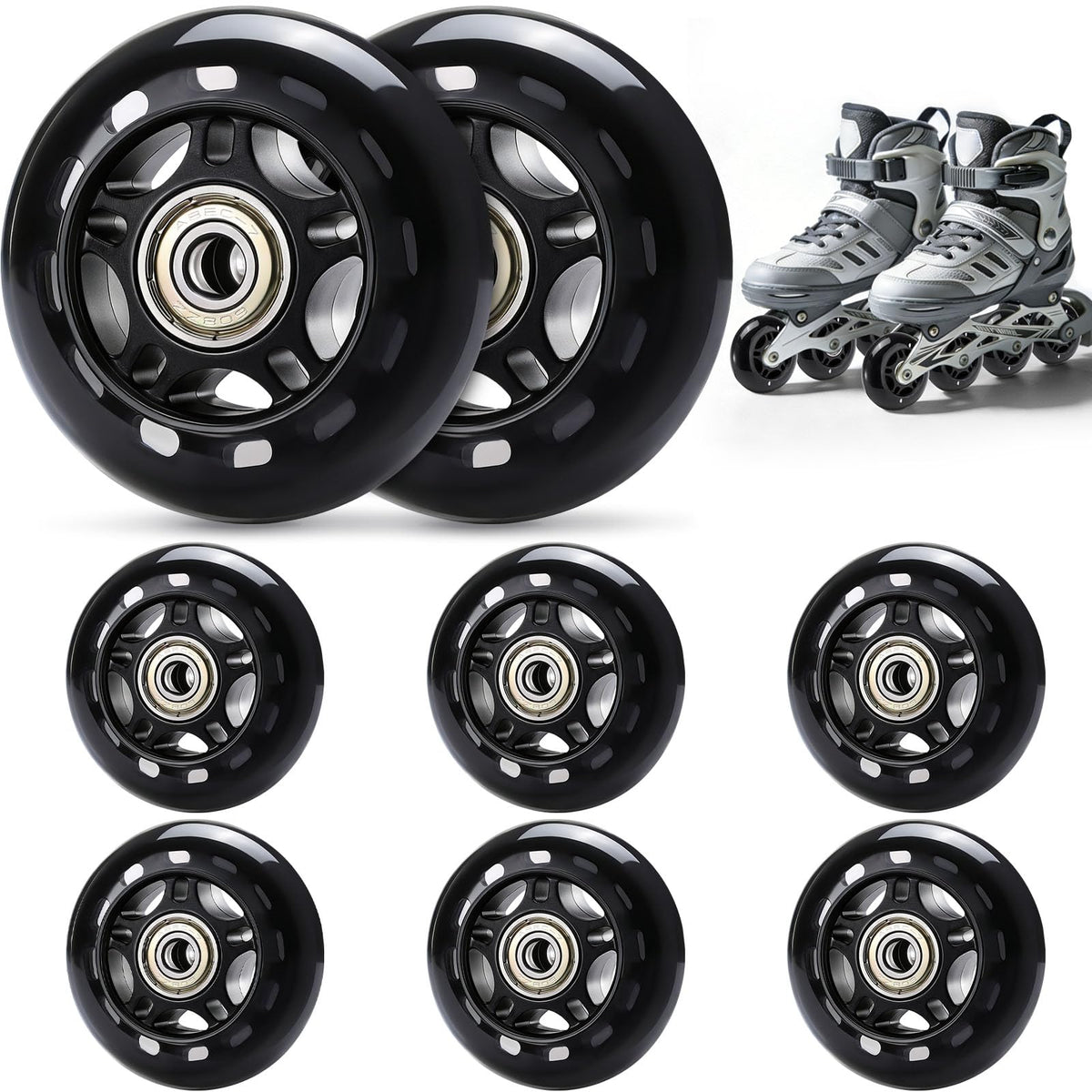 TOBWOLF front view of eight black replacement wheels showing complete pack and benefit of full set