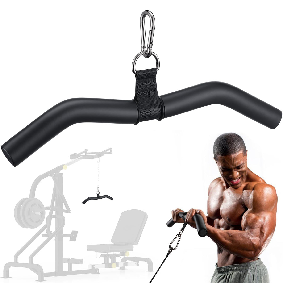 TOBWOLF front view of lat pulldown bar showing full length and W-shape grip comfort