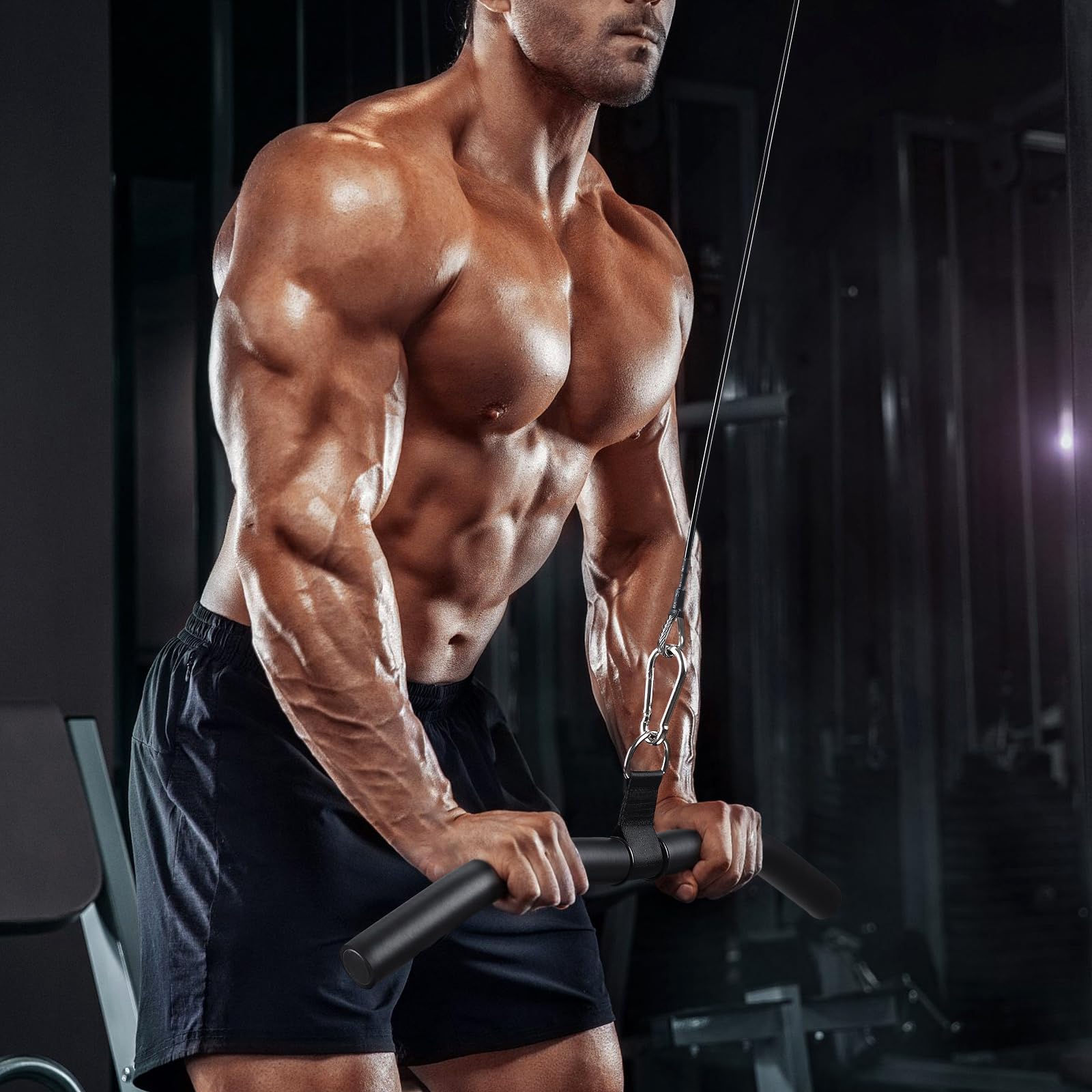TOBWOLF lat pulldown bar in a home gym scene providing compact, professional look