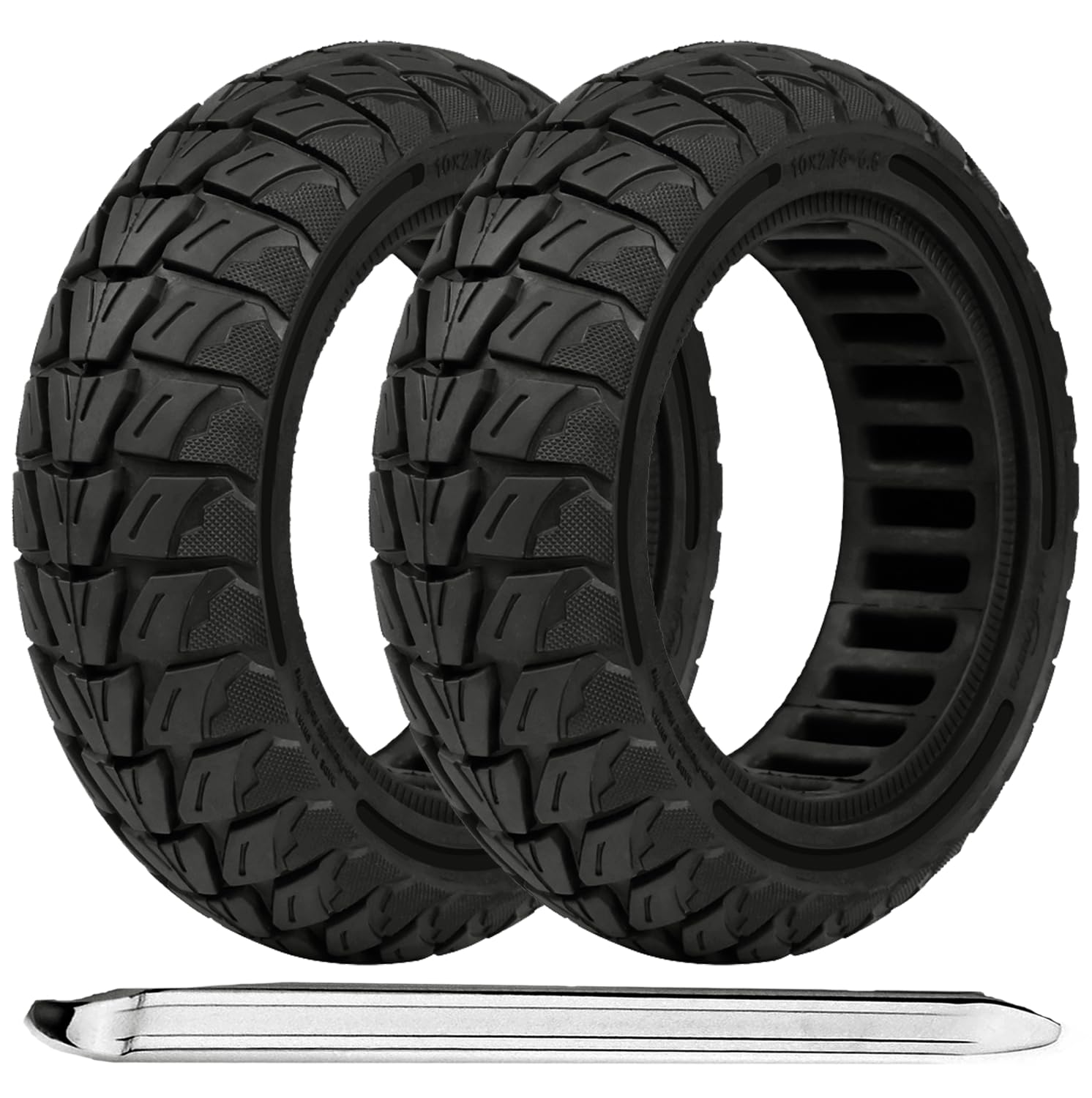 TOCBEUU front packaging showing two solid scooter tires and included tools for convenience