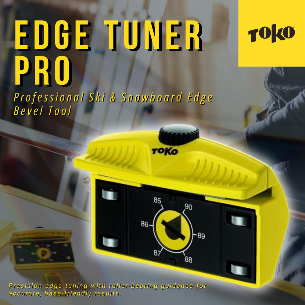 TOKO Edge Tuner PRO in action on a snowboard delivering steady, controlled strokes