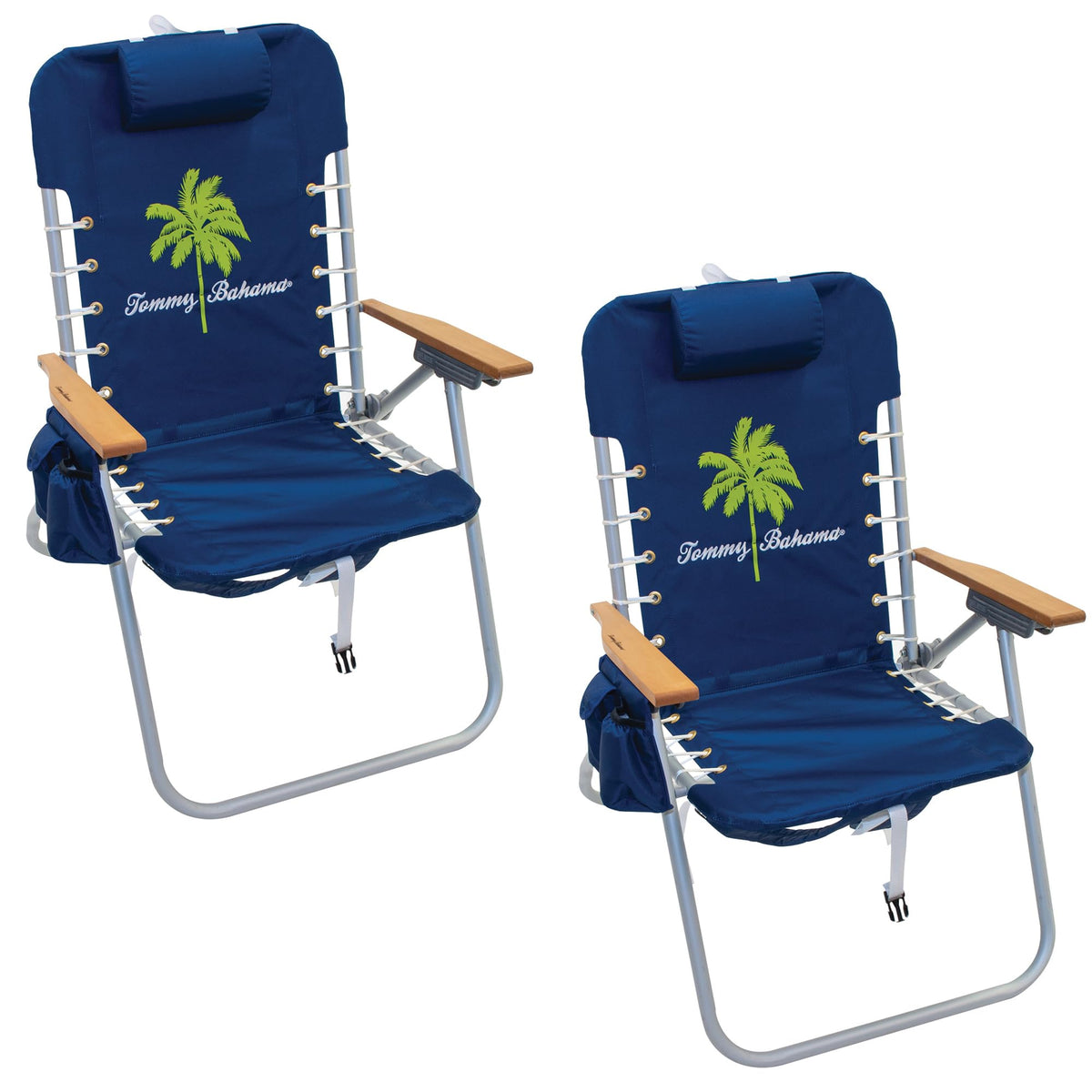 Tommy Bahama front view of navy palm Hi-Boy chairs showing elevated seat for comfort
