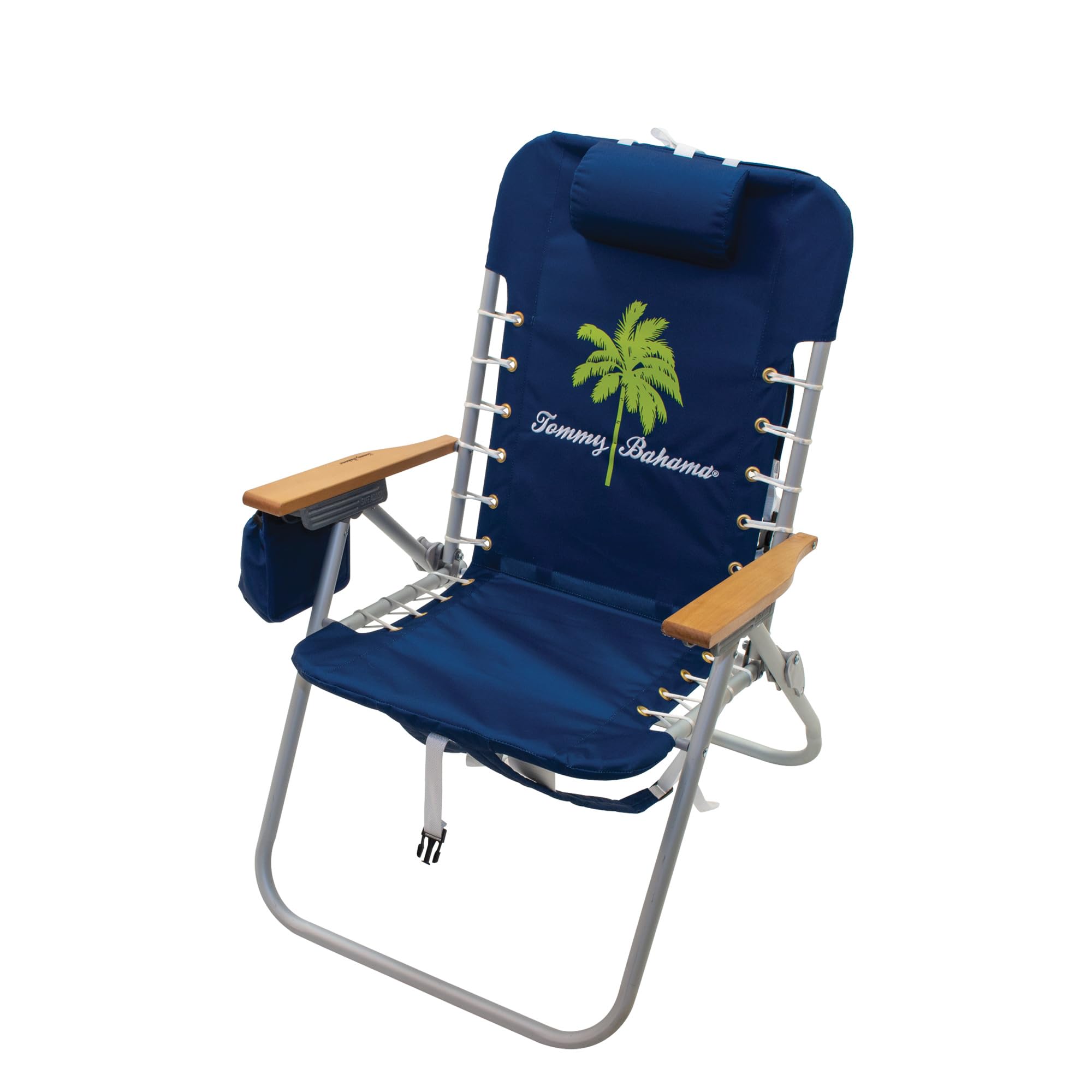 Tommy Bahama Hi-Boy chair on beach with user using backpack straps for hands-free carry