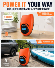 Tonsim pump inflating a 10.6 ft SUP on beach for faster setup