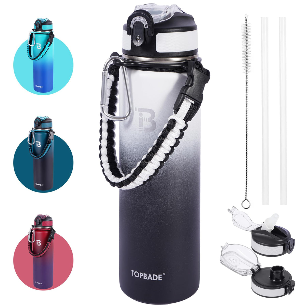 TOPBADE front view of 24oz insulated bottle showing sleek stainless finish and branding for everyday durability