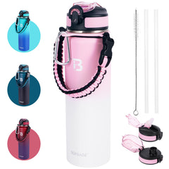 TOPBADE front view of 24oz insulated bottle showing logo and finish, highlights portability