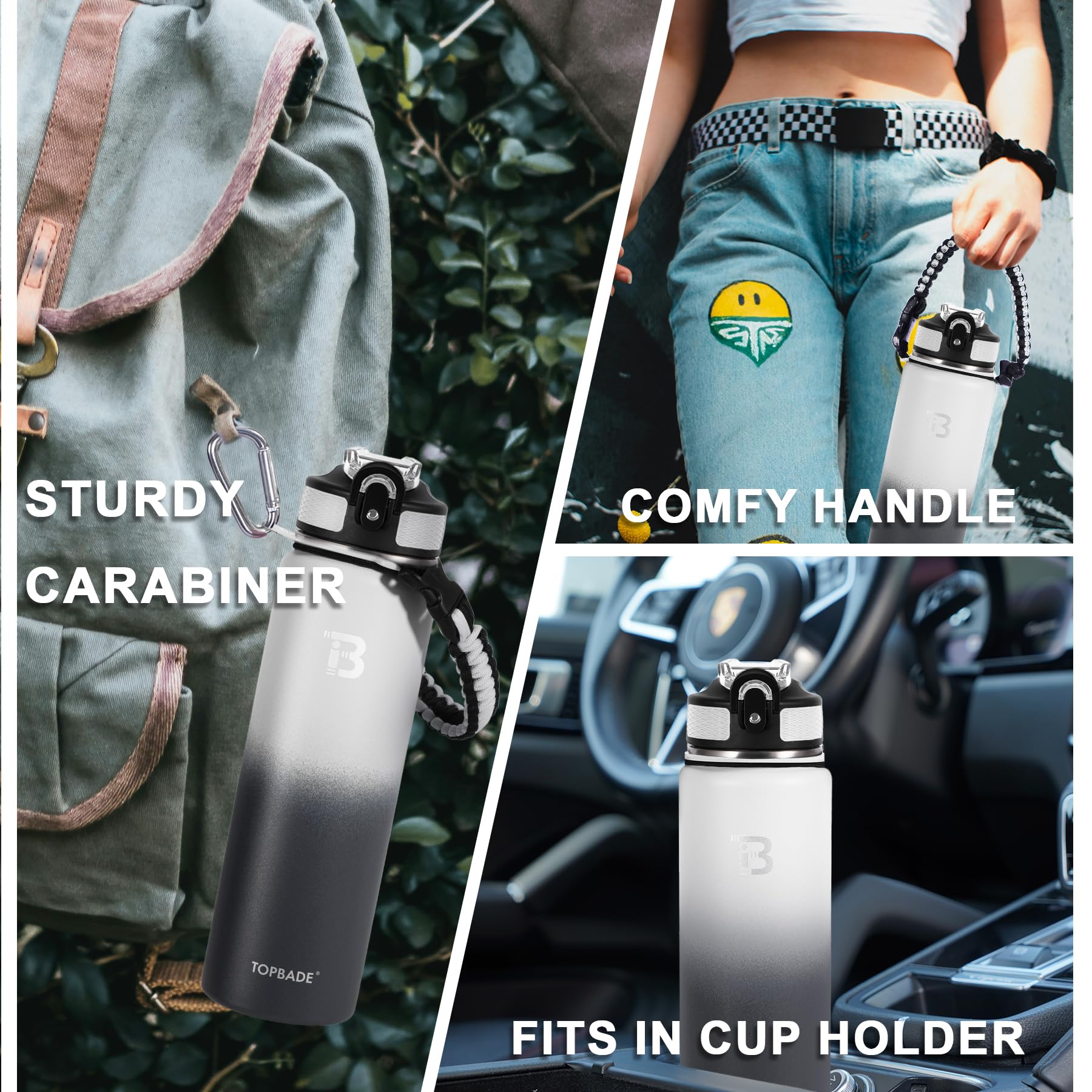 TOPBADE bottle clipped to a backpack on a trail illustrating portability and outdoor convenience