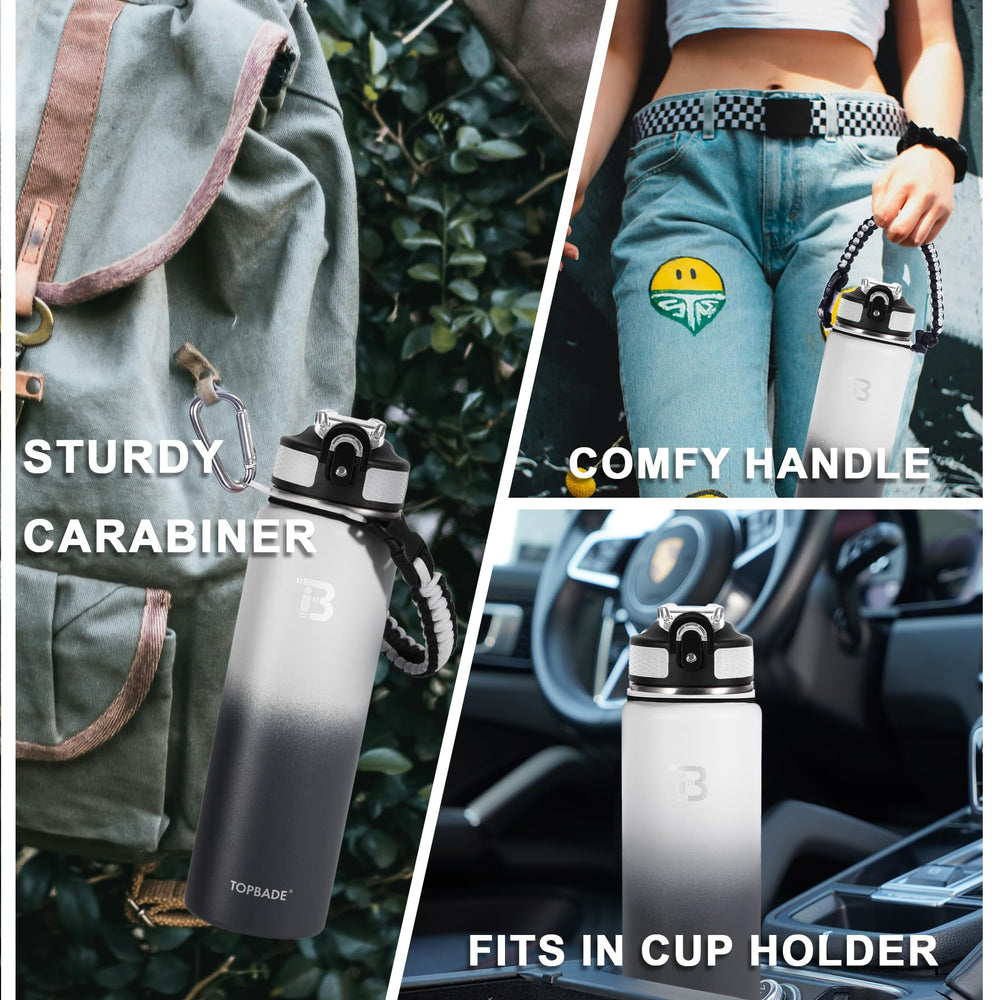 TOPBADE bottle clipped to a backpack on a trail illustrating portability and outdoor convenience