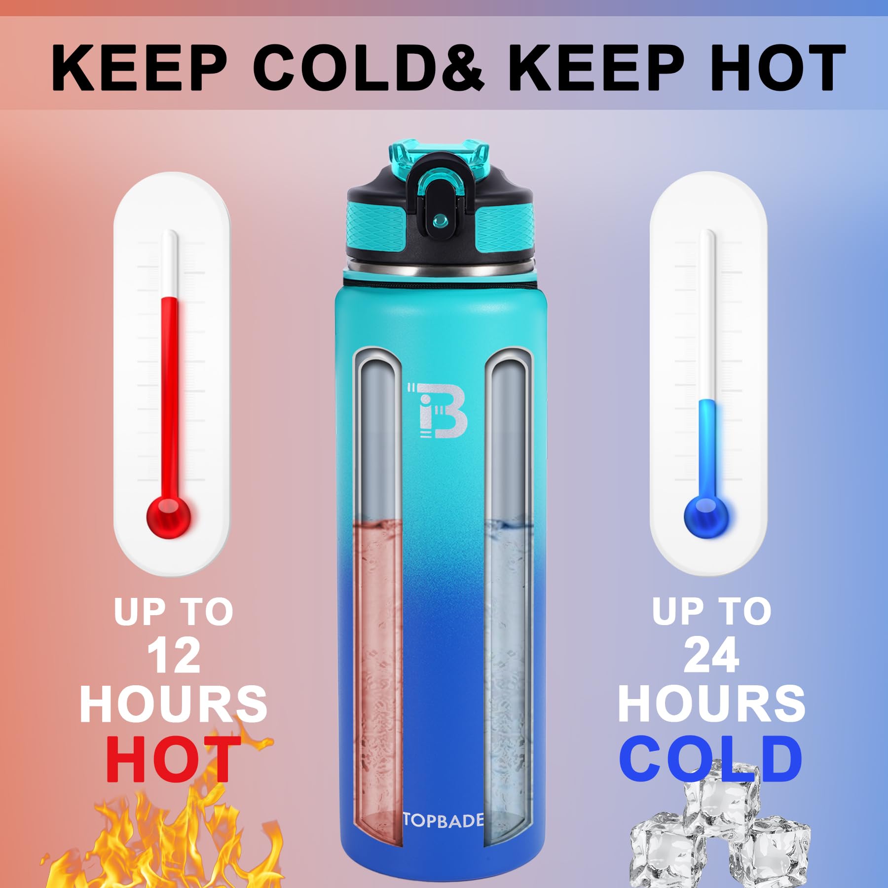 TOPBADE wide mouth filled with ice illustrating easy cooling and cleaning