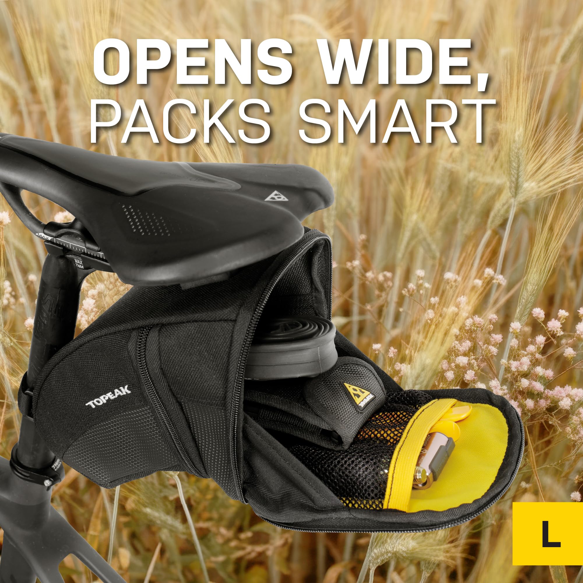Topeak Aero Wedge Pack large QuickClick mount close-up demonstrating fast tool-free attachment