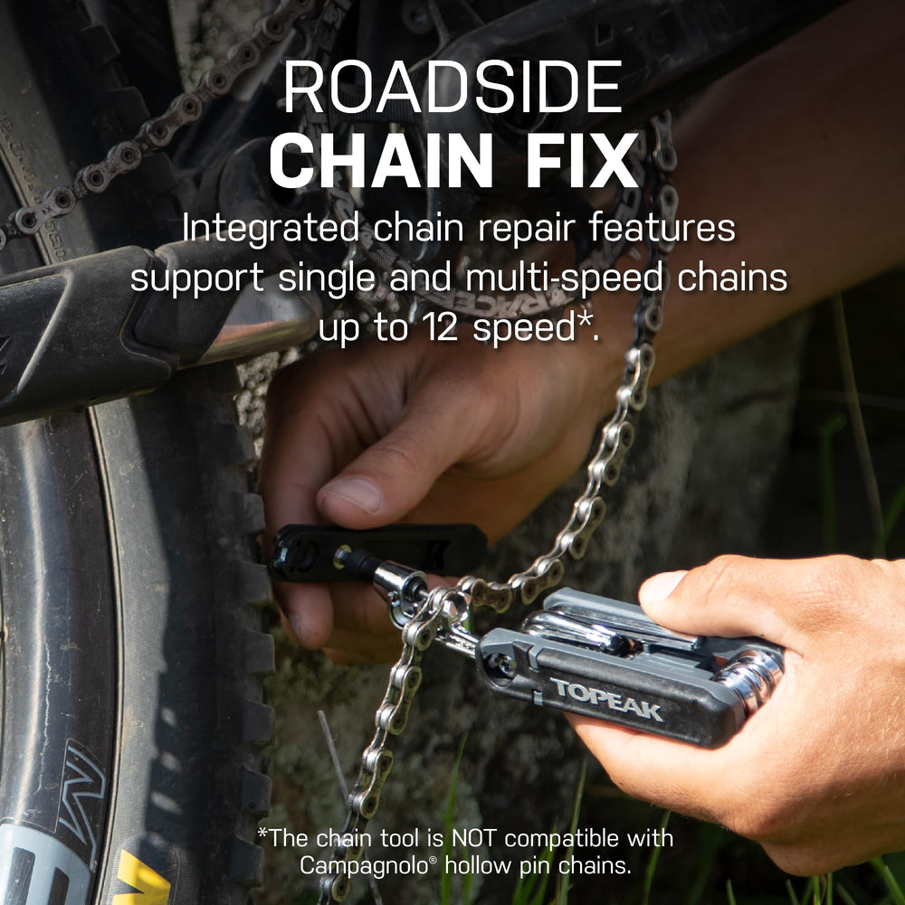Topeak Hexus X chain tool close-up demonstrating durable CrMo breaker for safe repairs
