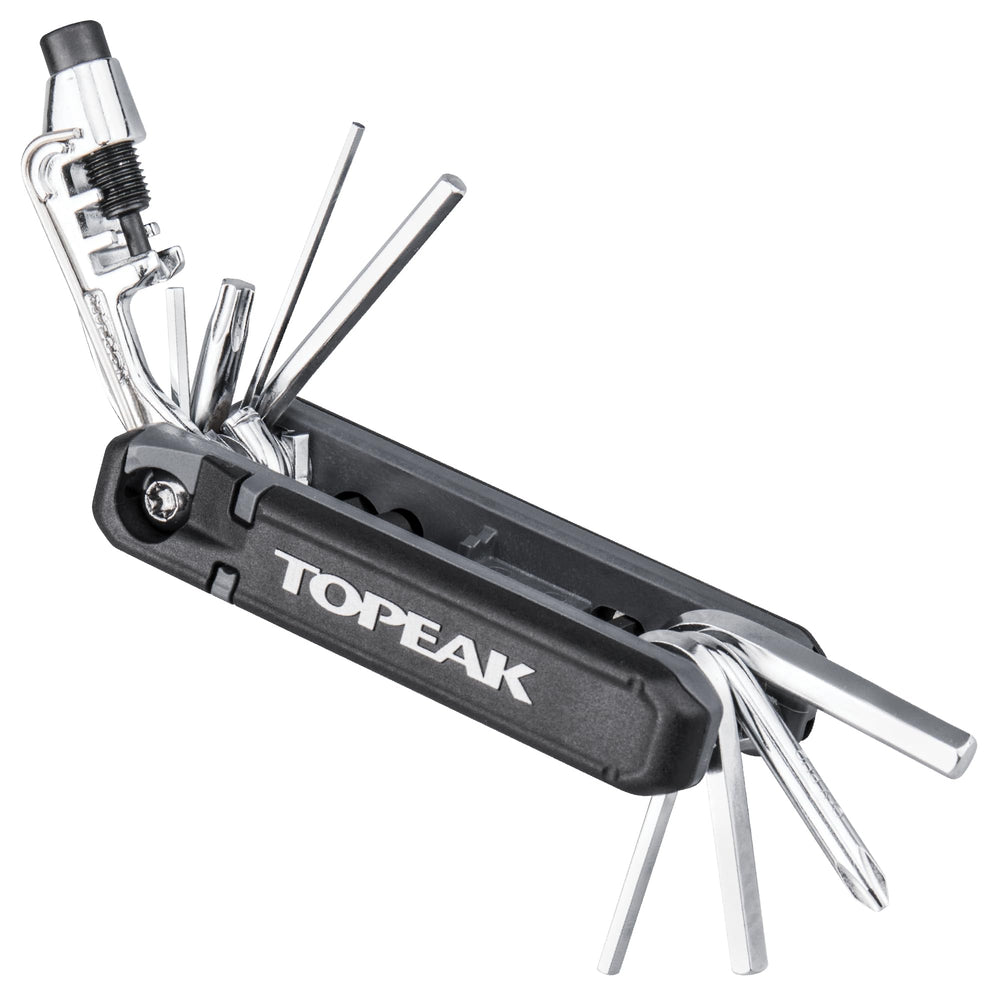 Topeak Hexus X front view showing compact multi-tool and organized layout for portability