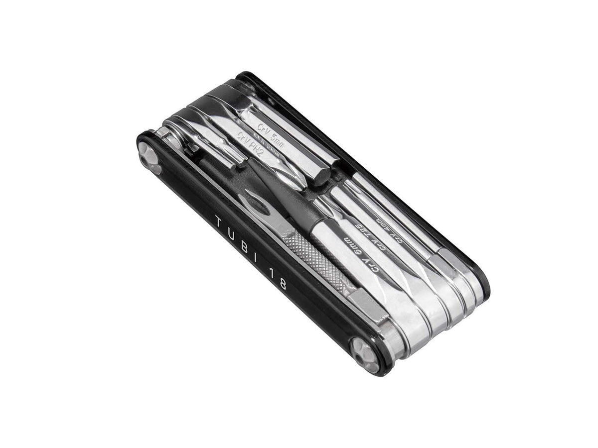Topeak Tubi 18 front view showing compact forged-aluminum body and folded tools for easy carrying