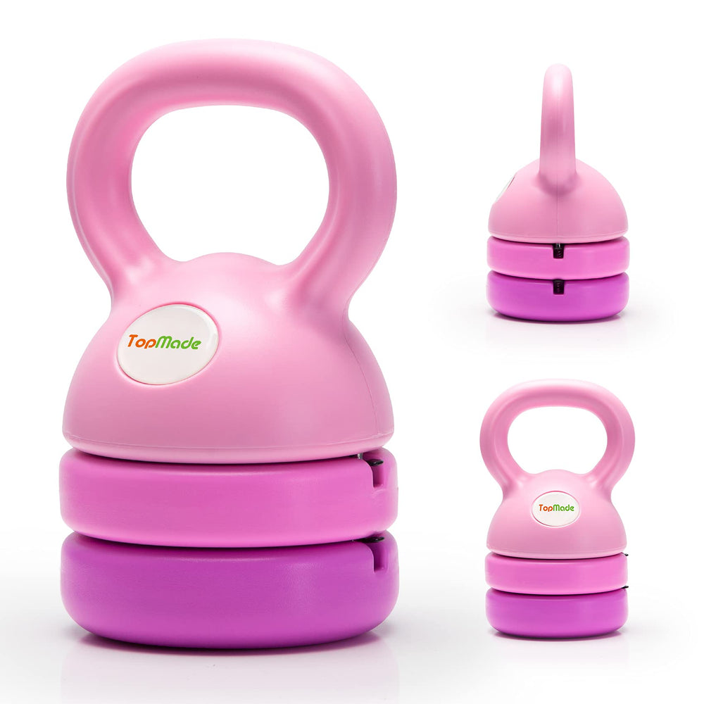 TopMade adjustable kettlebell front view showing pink vinyl finish and compact design benefit