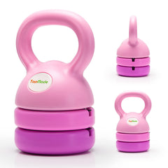 TopMade adjustable kettlebell front view showing pink vinyl finish and compact design benefit