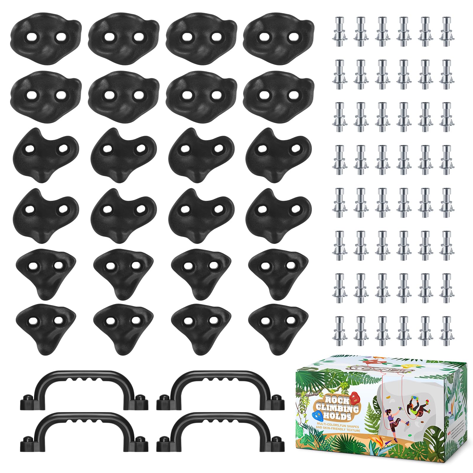 TOPNEW front view of 24 black climbing holds showing complete set benefit