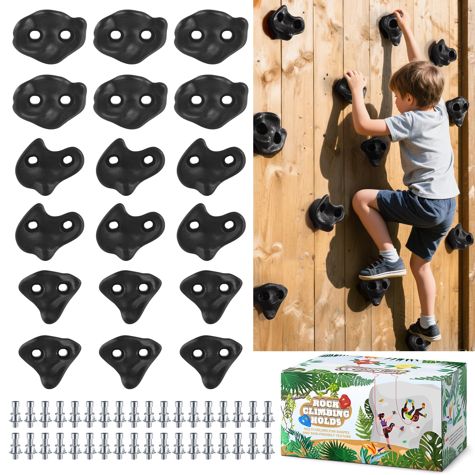 TOPNEW front view of black climbing holds kit showing all pieces and hardware