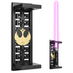 TOPNEW front view of wooden lightsaber stand showing secure vertical display benefit
