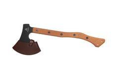 TOPS axe sheathed on a belt demonstrating brown leather sheath for safe carry