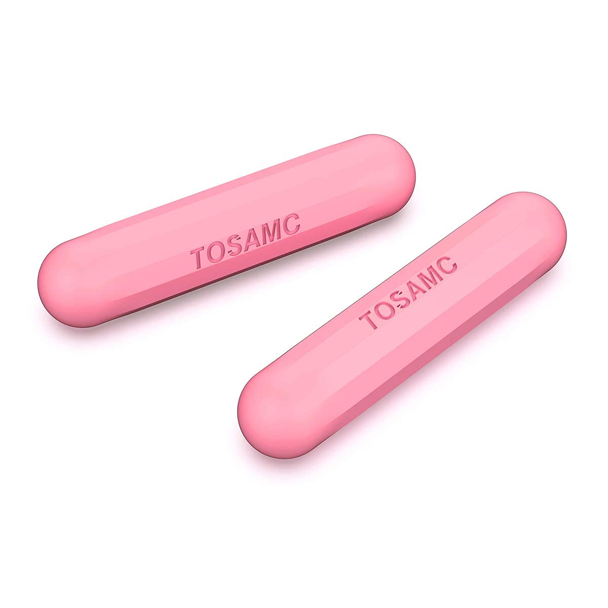 TOSAMC front view pair of pink dumbbells showing compact travel-ready design and color
