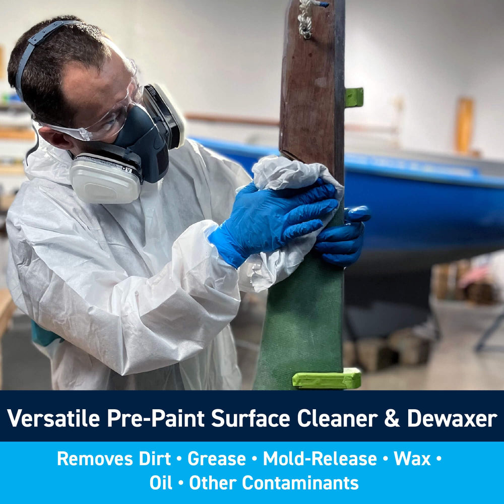 TotalBoat close-up of clear dewaxer liquid texture showing effective cleaning action