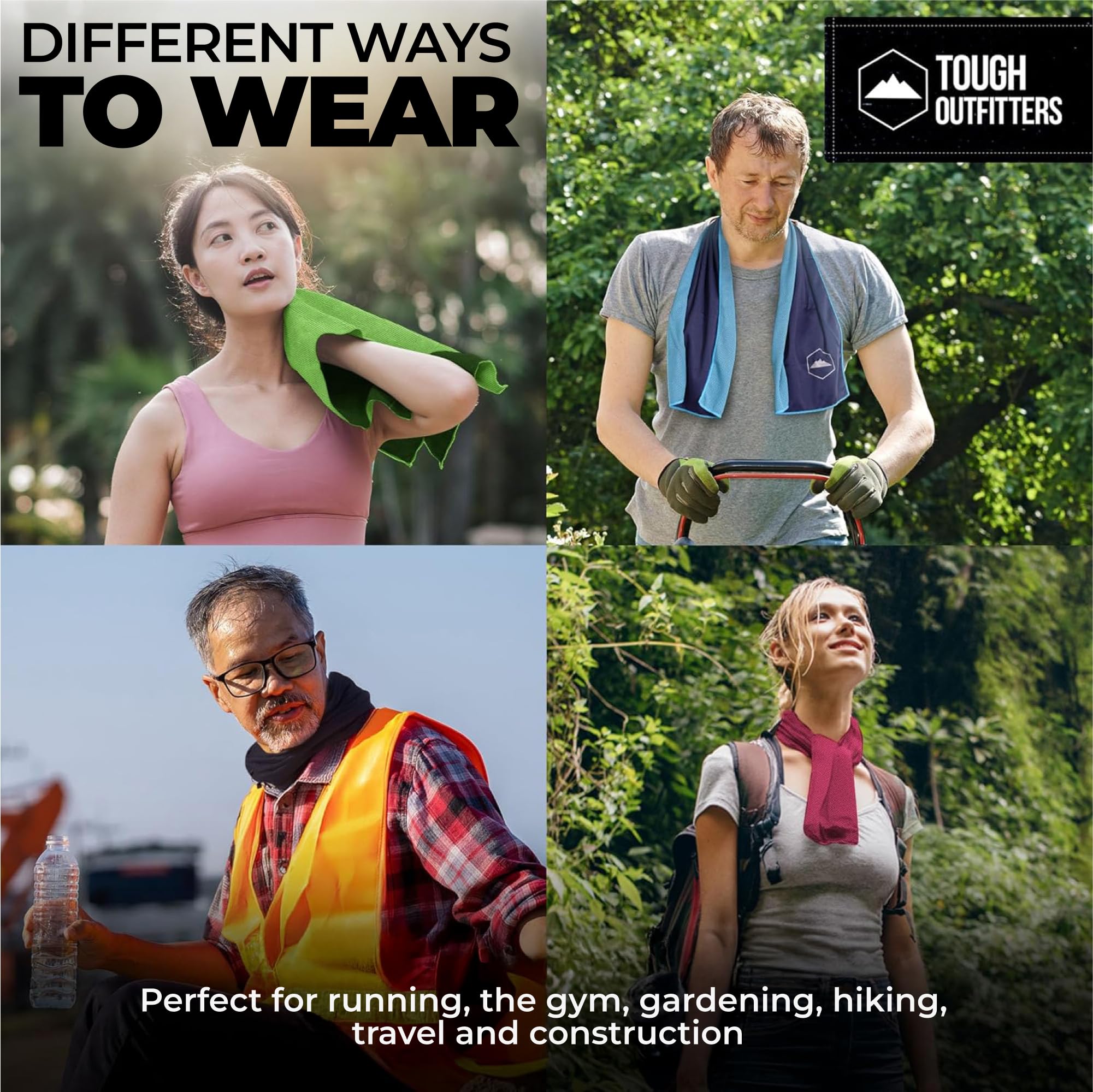 Tough Outdoors four towels laid out illustrating pack value and colors