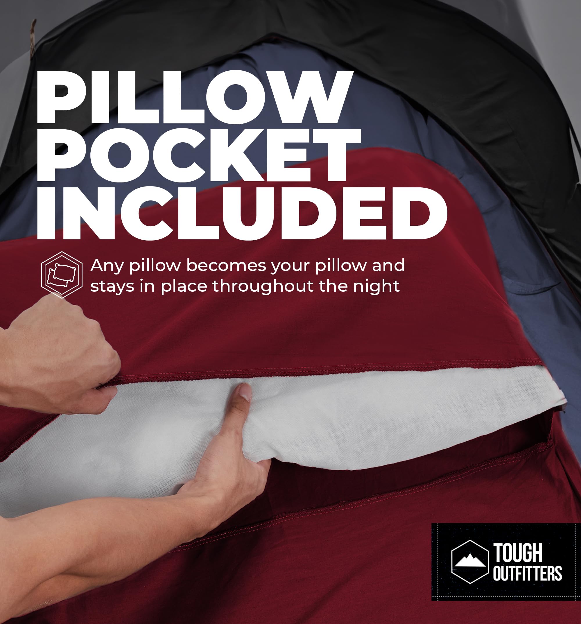 Tough Outdoors liner spread on hotel bed for hygienic protection and easy nightly setup