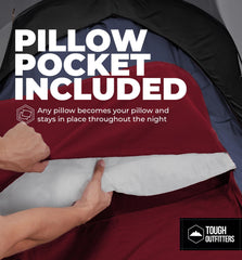 Tough Outdoors liner spread on hotel bed for hygienic protection and easy nightly setup