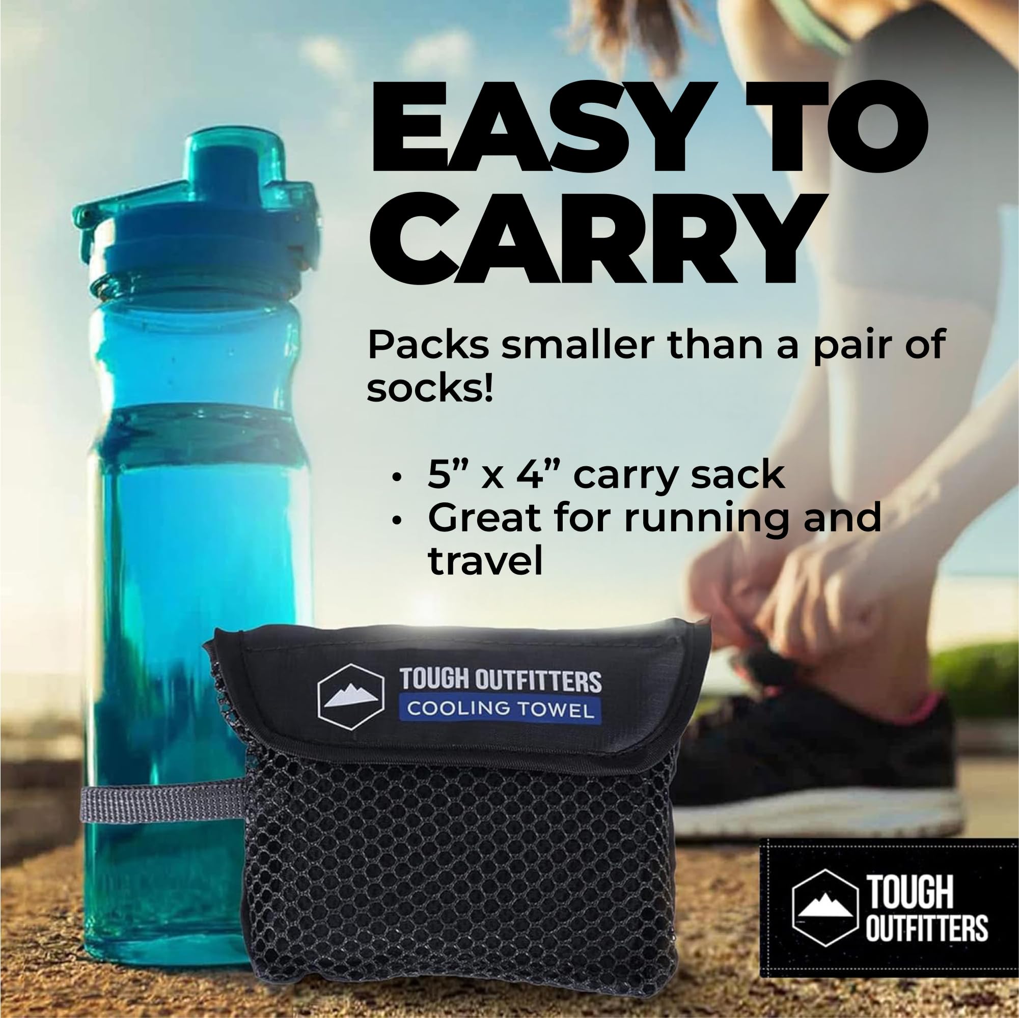 Tough Outdoors towel used at campsite cooling neck during hike