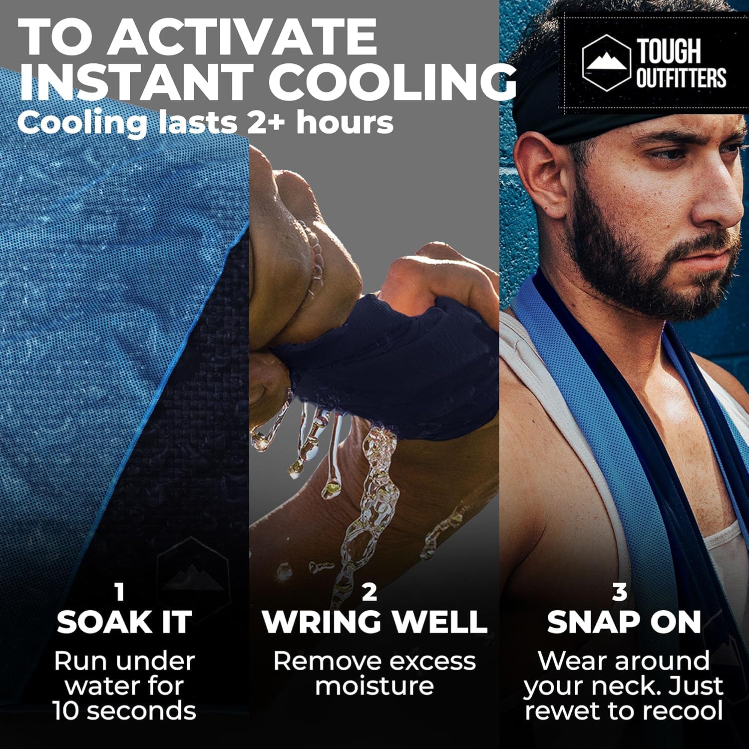 Tough Outdoors towel wrapped around neck providing sweat relief