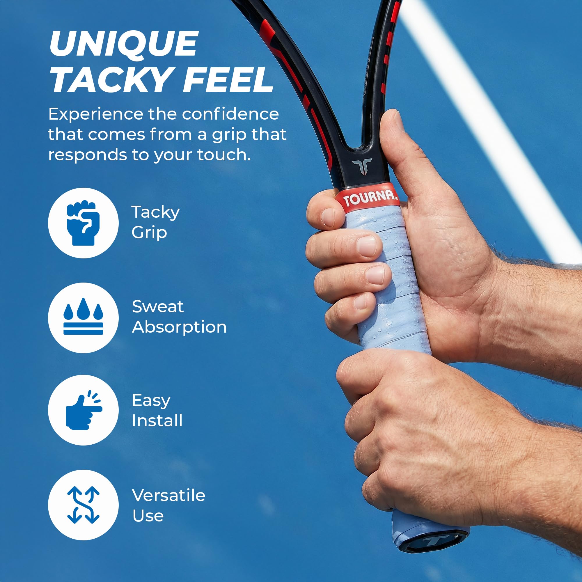 Tourna Tac wrapped on a tennis racket demonstrating secure grip