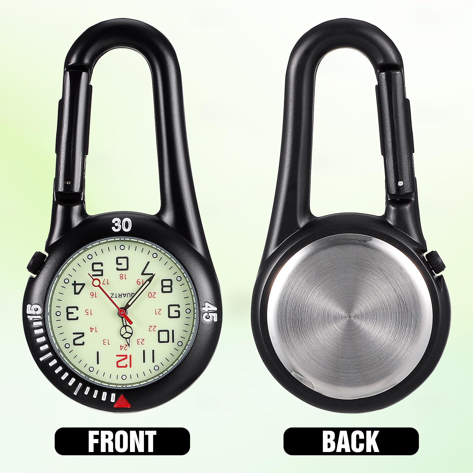 Toyvian clipped to uniform belt loop illustrating professional use without a wristwatch