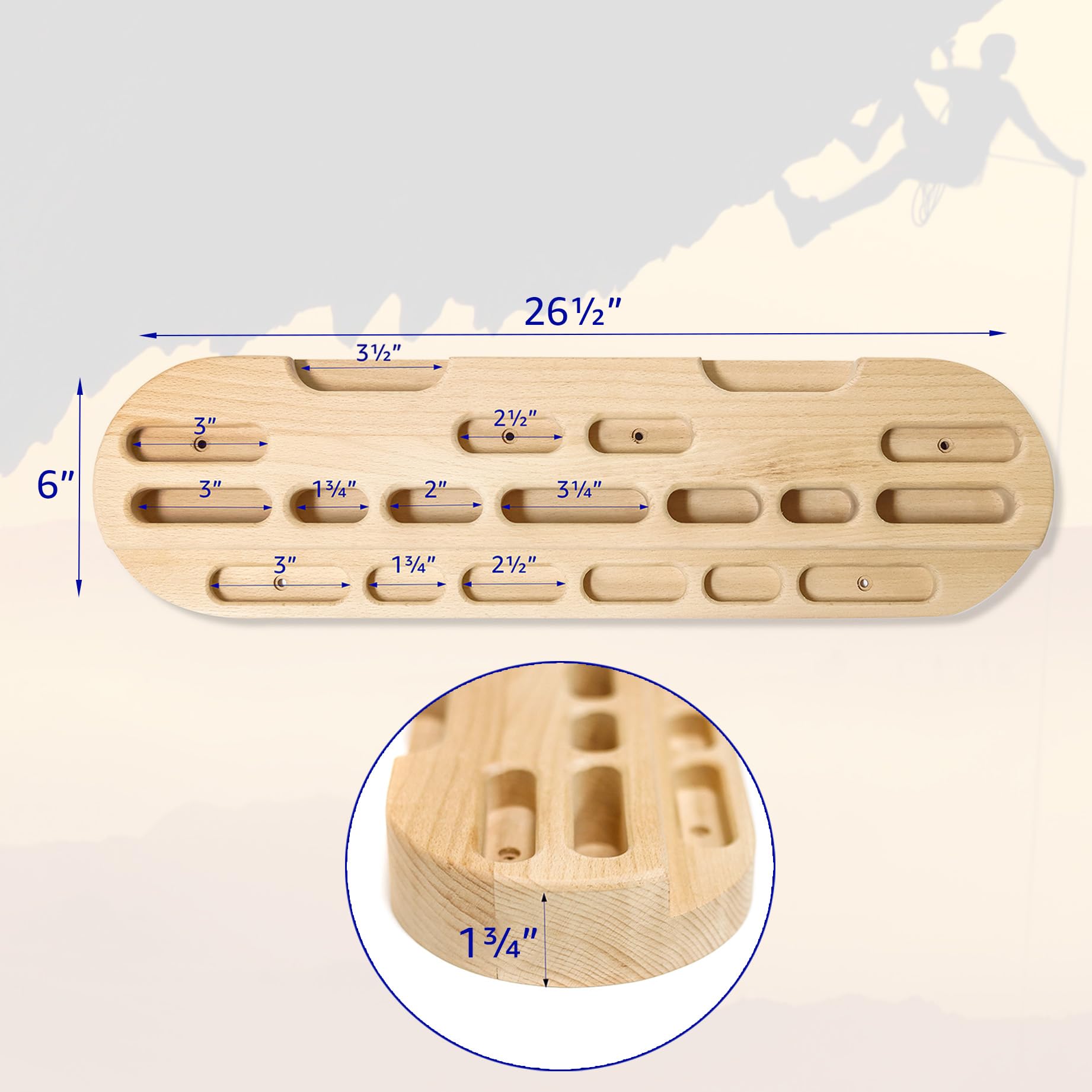 Trademark Innovations close-up of jugs slopers and finger pockets with smooth wood finish protecting skin