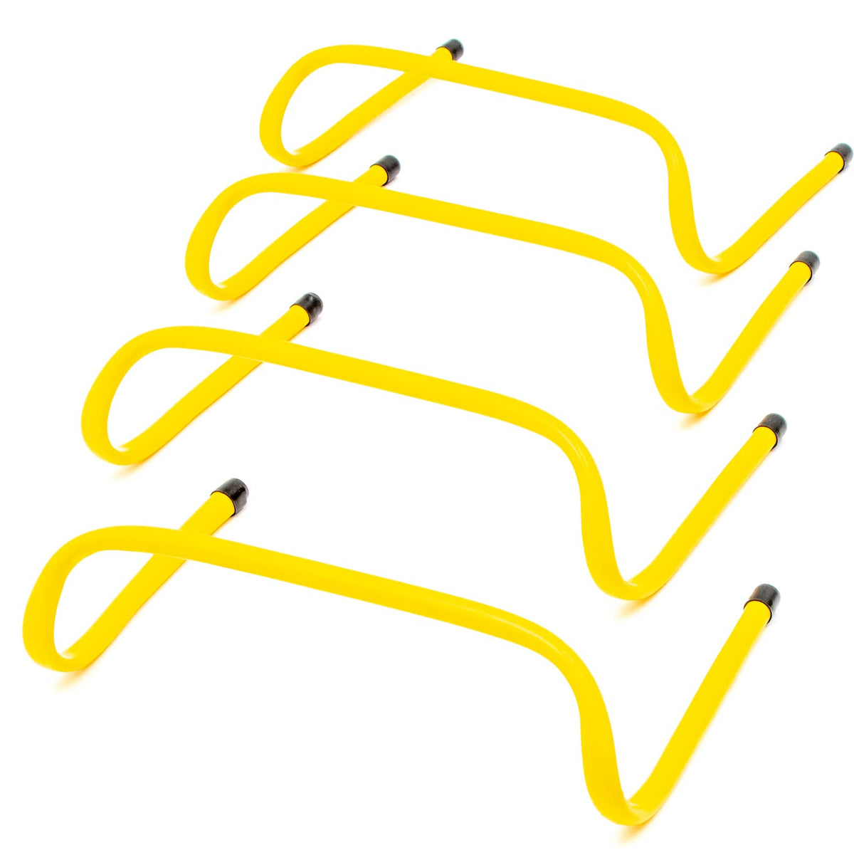 Trademark Innovations front view of four yellow 6-inch hurdles showing visibility and portability