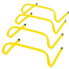 Trademark Innovations front view of four yellow 6-inch hurdles showing visibility and portability