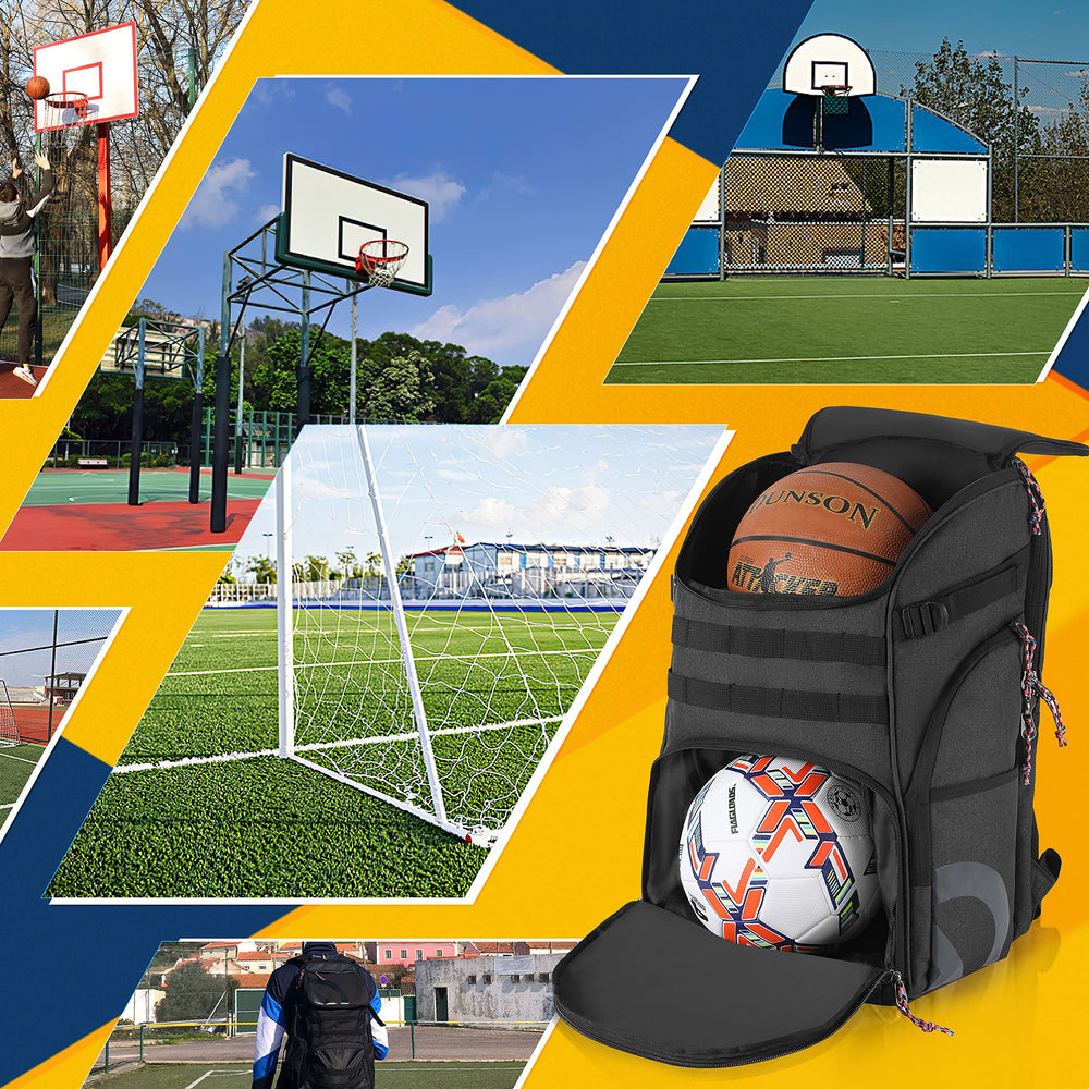 TRAILKICKER bag next to basketball demonstrating 30L capacity and scale